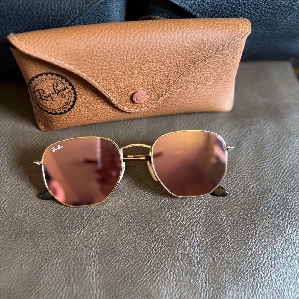 Ray-Ban Gold Sunglasses with Pink Lenses and Brown Case
